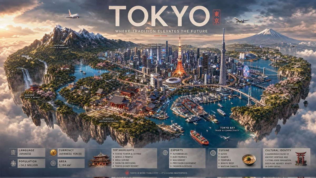Floating island of Japan glows with neon cities and ancient temples