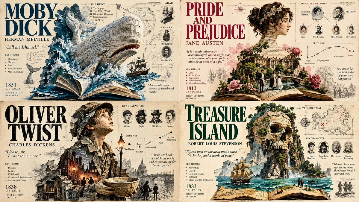 Floating literary hero emerges from classic novel's typographic layers