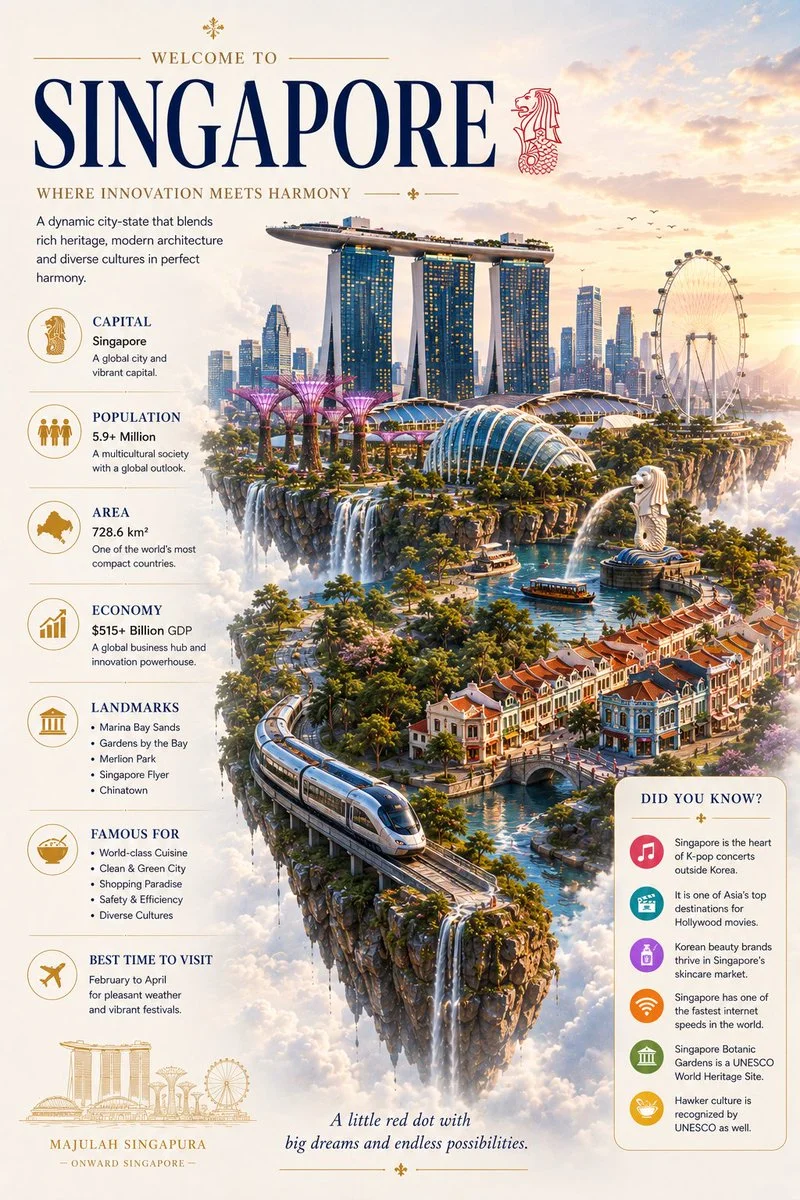 Floating Singapore island glows under golden sunrise with Supertrees