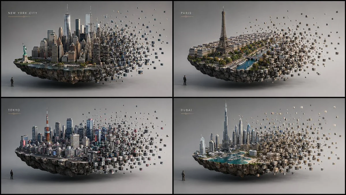 Floating Tokyo island dissolves into cubes with tiny observer below
