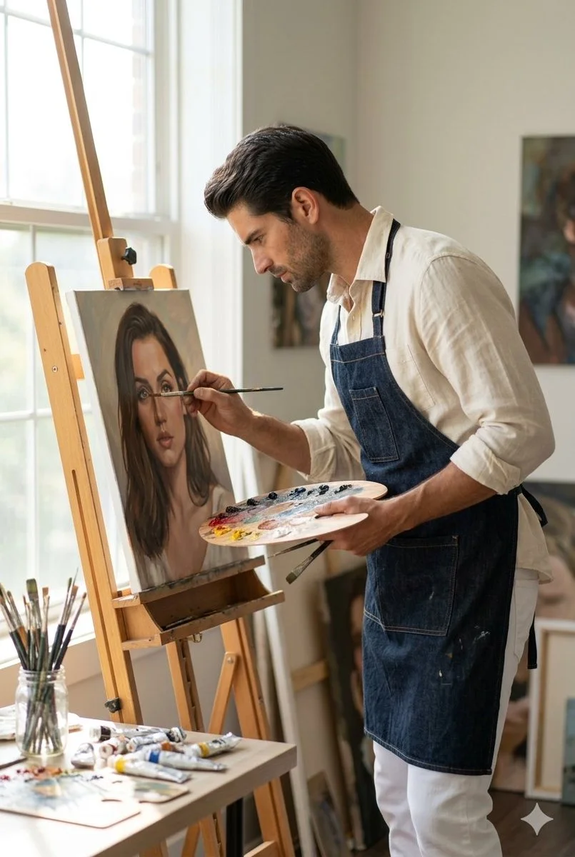 Focused Artist Capturing Ana de Armas in Sunlit Studio
