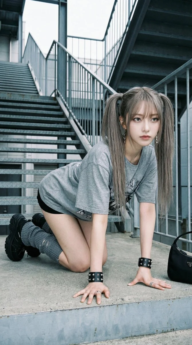 Focused Gaze Meets Industrial Staircase in Moody Overcast Light