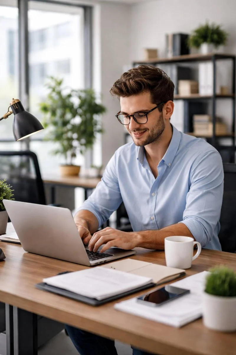 Focused Professional in Sunlit Office
