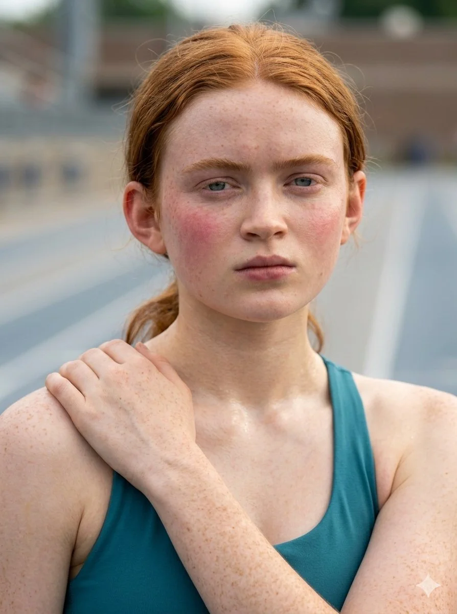 Focused Runner Preparing on the Track at Dawn