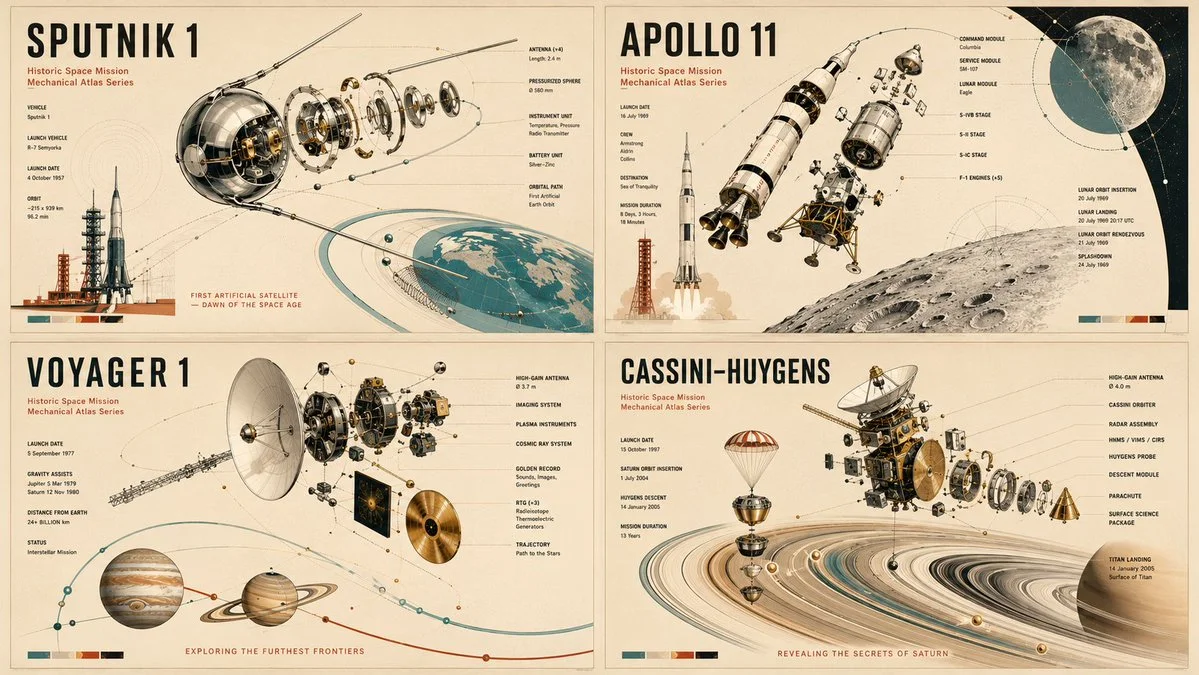 Folded paper satellite orbits a planet in a retro scientific poster
