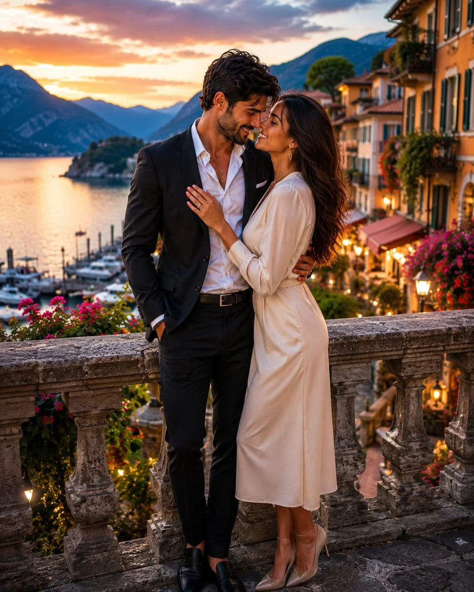 Foreheads touch as sunset paints the cliffside village in romance