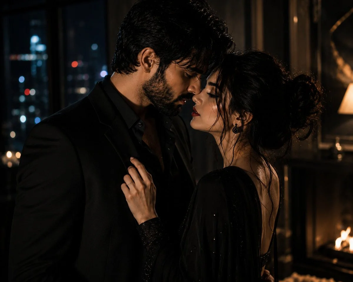 Foreheads touch in neon rain as lovers share silent vows