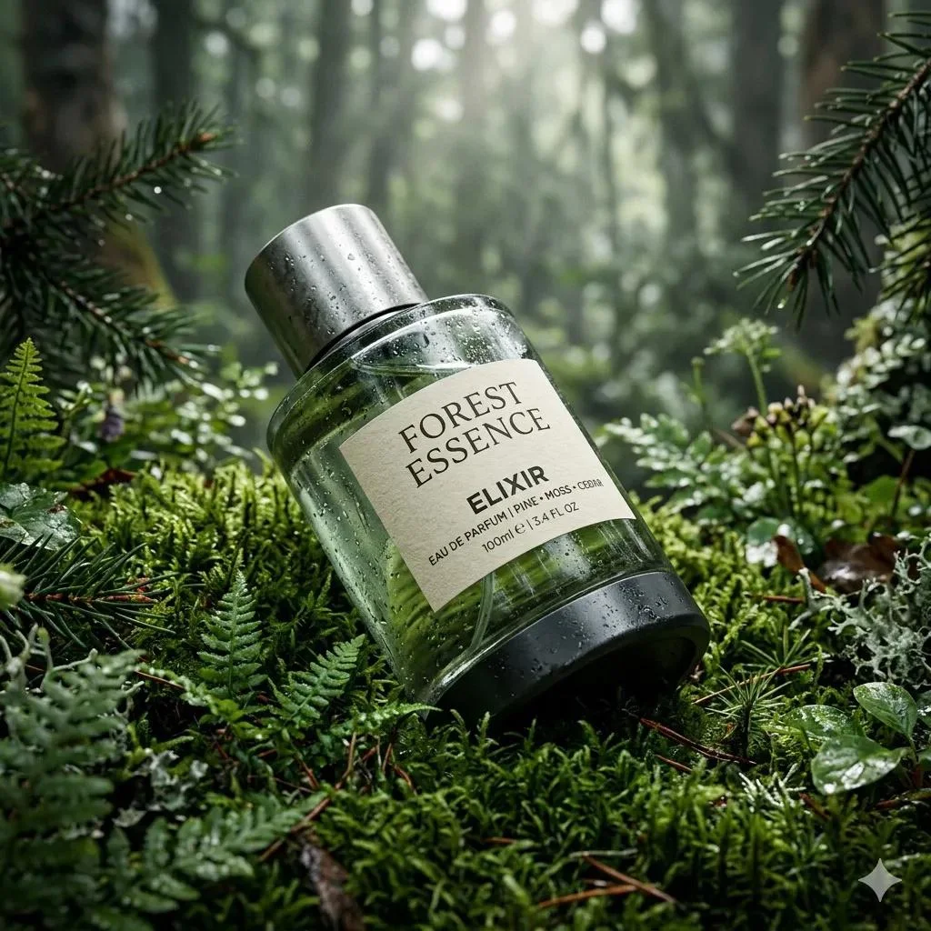 Forest Essence Elixir Perfume on Dewy Moss in Natural Light