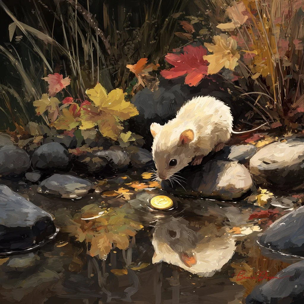 Forest Reflections: Baby Creature and the Shimmering Coin