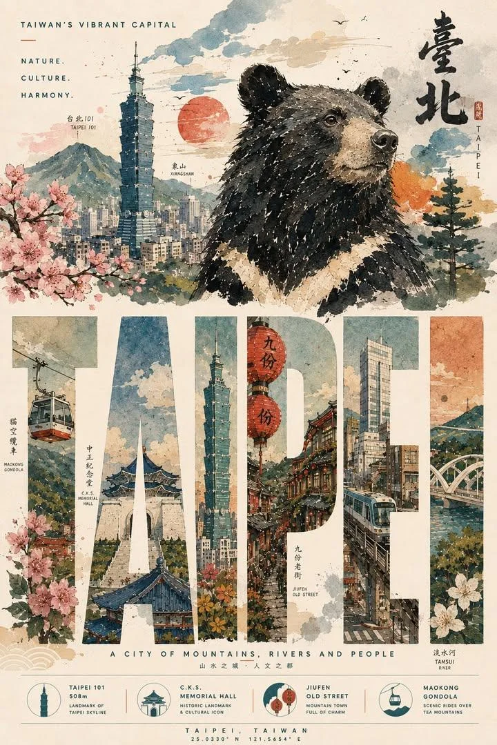 Formosan black bear watches over Taipei 101 in vintage travel poster