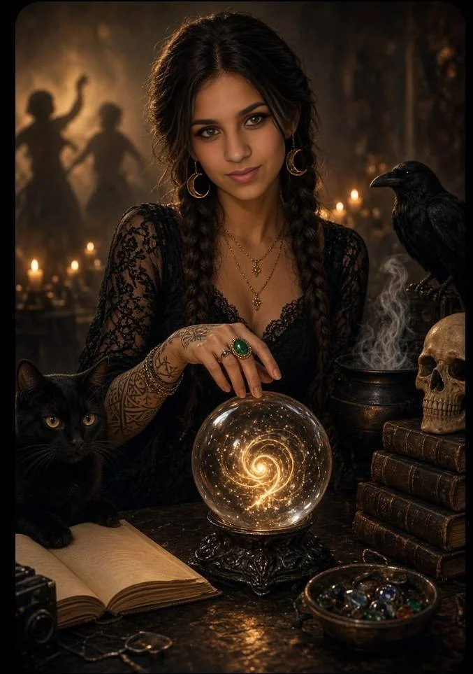 Fortune teller and raven sit beside swirling galaxy in crystal orb