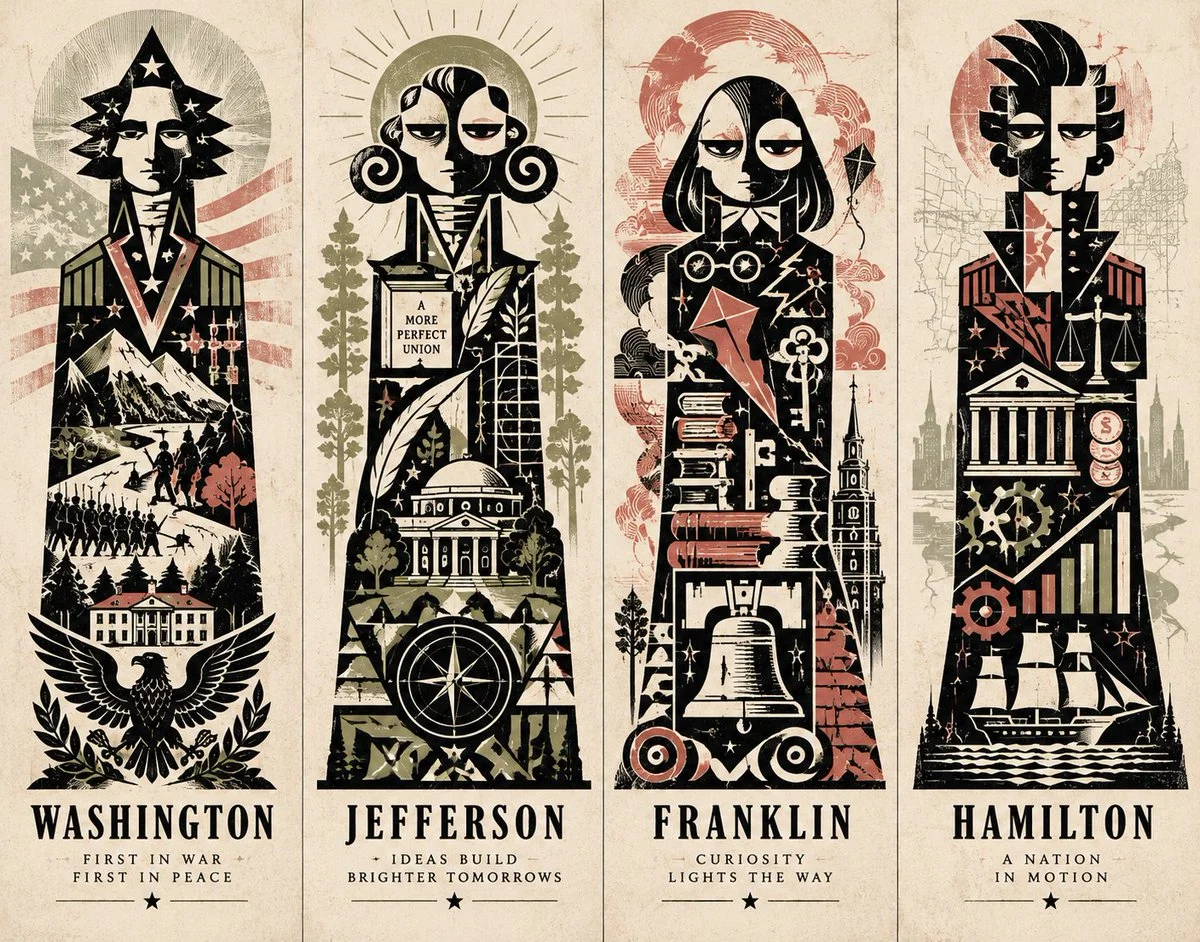 Founding Fathers Reimagined as Ink Glyph Totems on Aged Paper