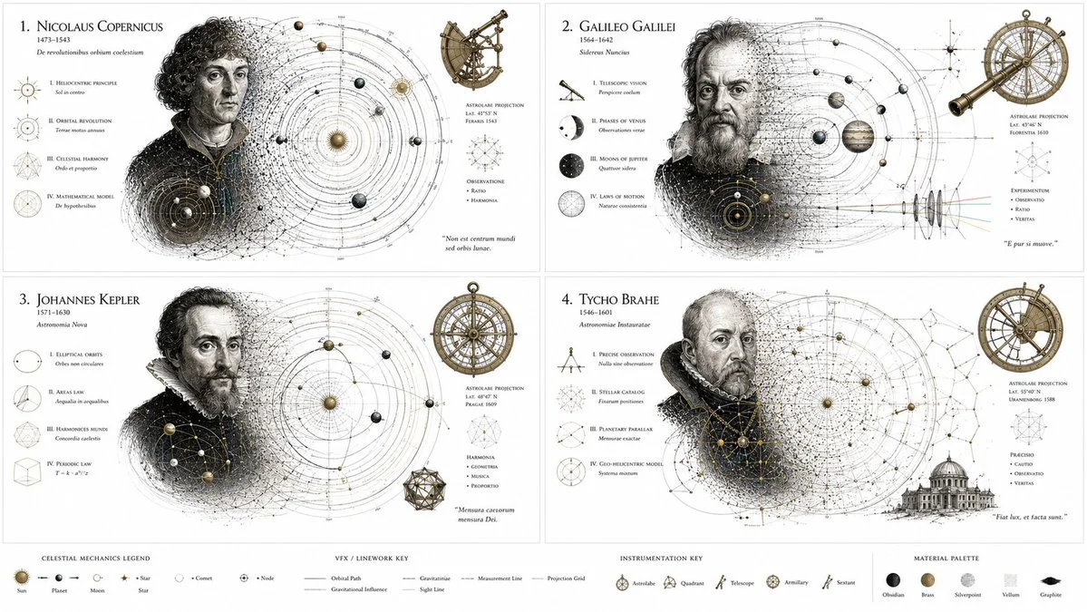 Four astronomers deconstruct into orbital rings on white background