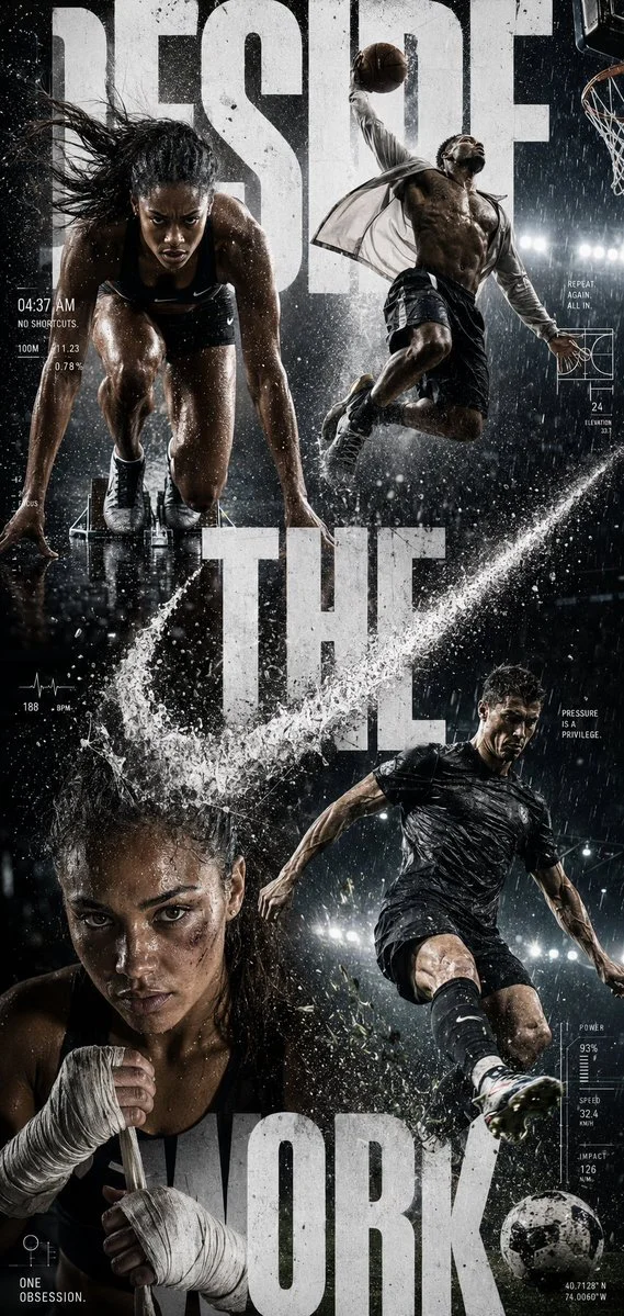 Four athletes merge into a fractured abstract symbol of desire