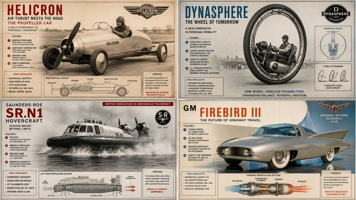 Four bizarre vehicles from history showcased in a technical poster grid