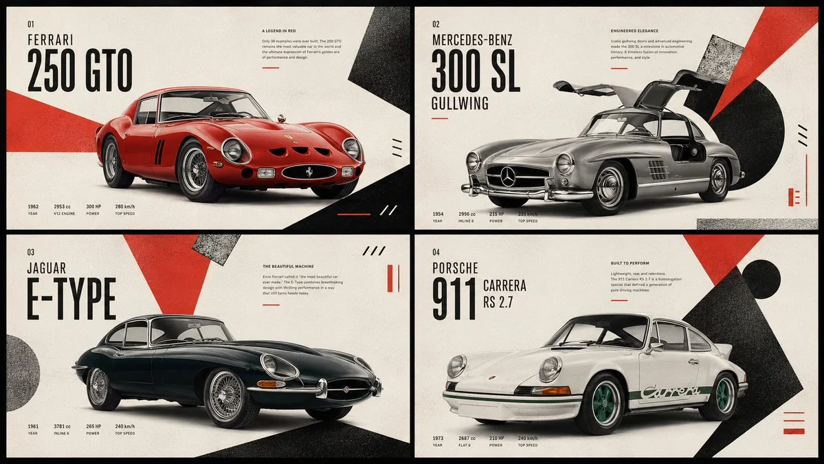 Four classic cars blend constructivist poster style with editorial elegance