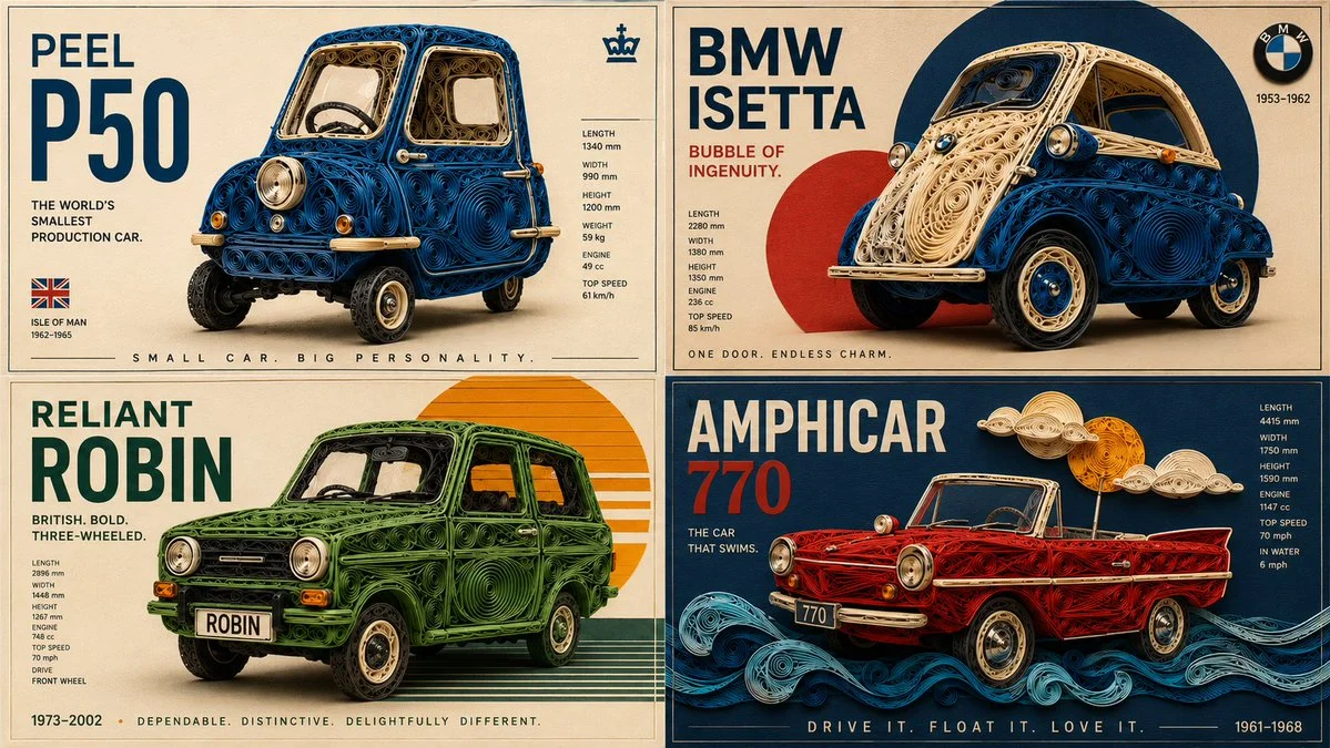 Four classic cars reimagined as intricate paper quilling sculptures