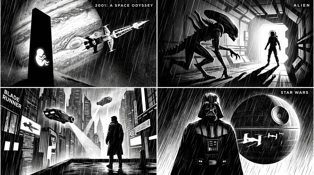 Four classic space films reimagined in stark monochrome noir style