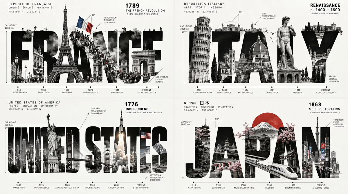 Four countries rebuilt as typographic engines in a 2x2 grid