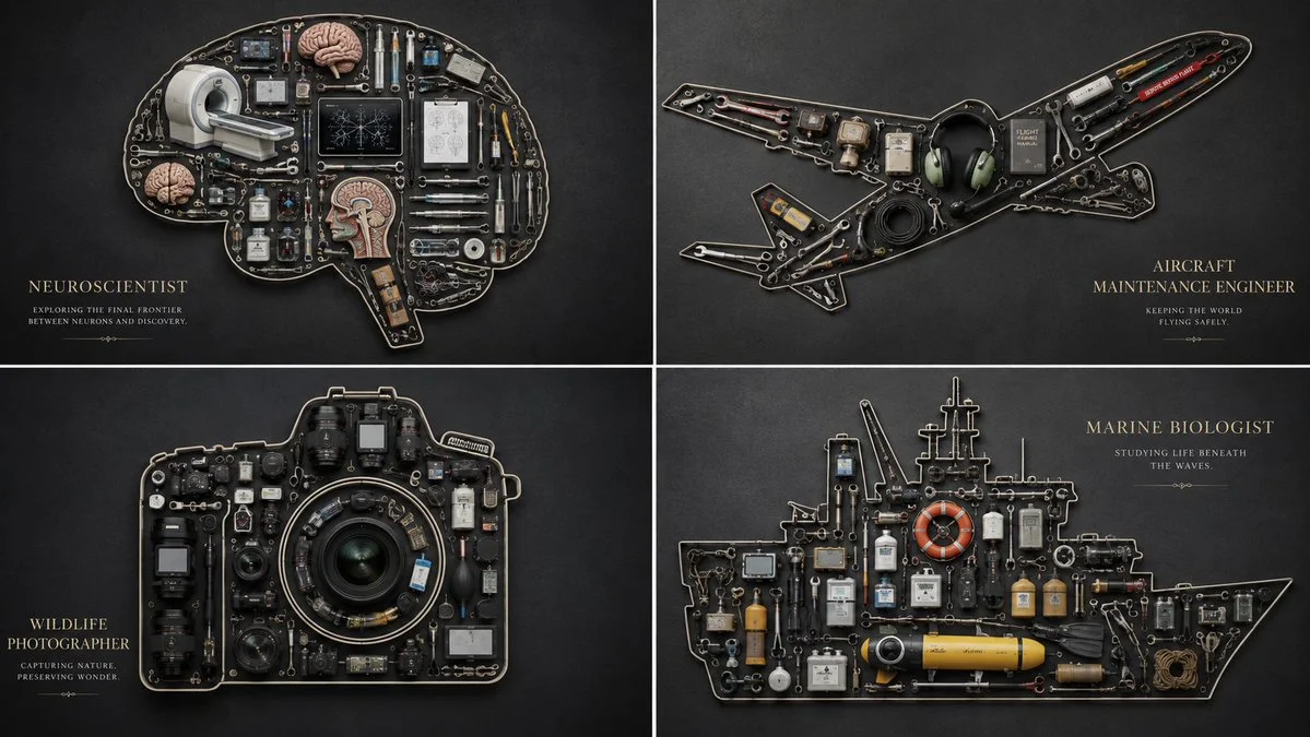 Four crazy professions arranged in elegant 2x2 grid packing