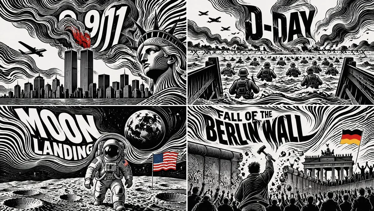 Four days that changed history shown in a 2x2 grid of line fields