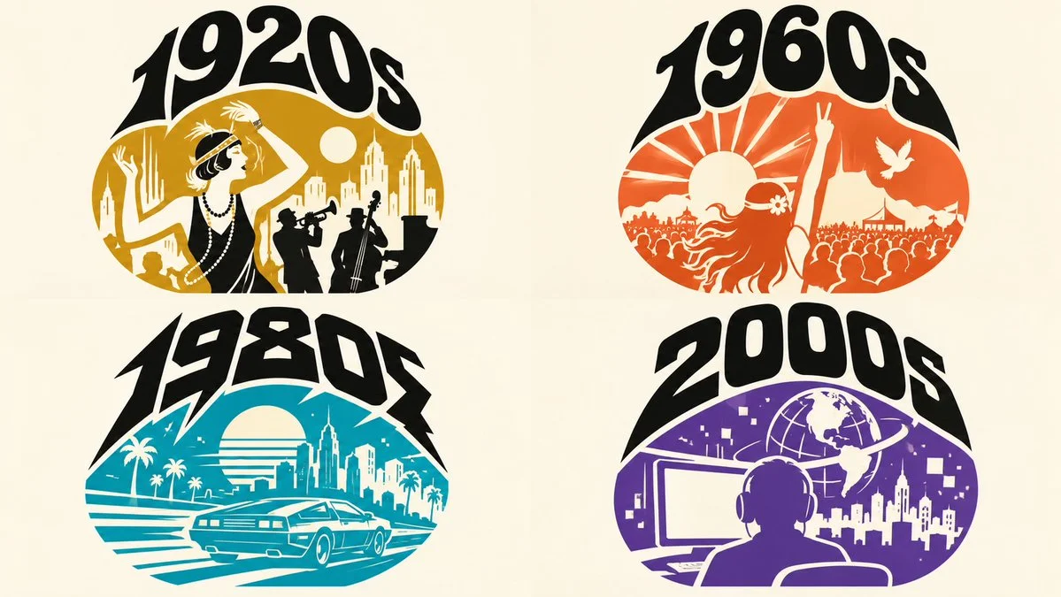 Four Decades as Flat Emblems with Negative Space Stories