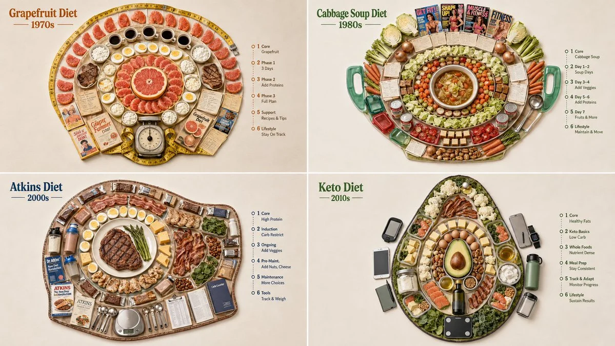 Four decades of fad diets arranged in concentric rings from center to edge