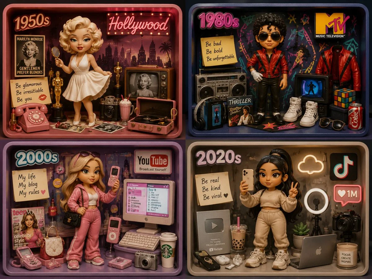 Four decades of influencers frozen in tiny clay dioramas