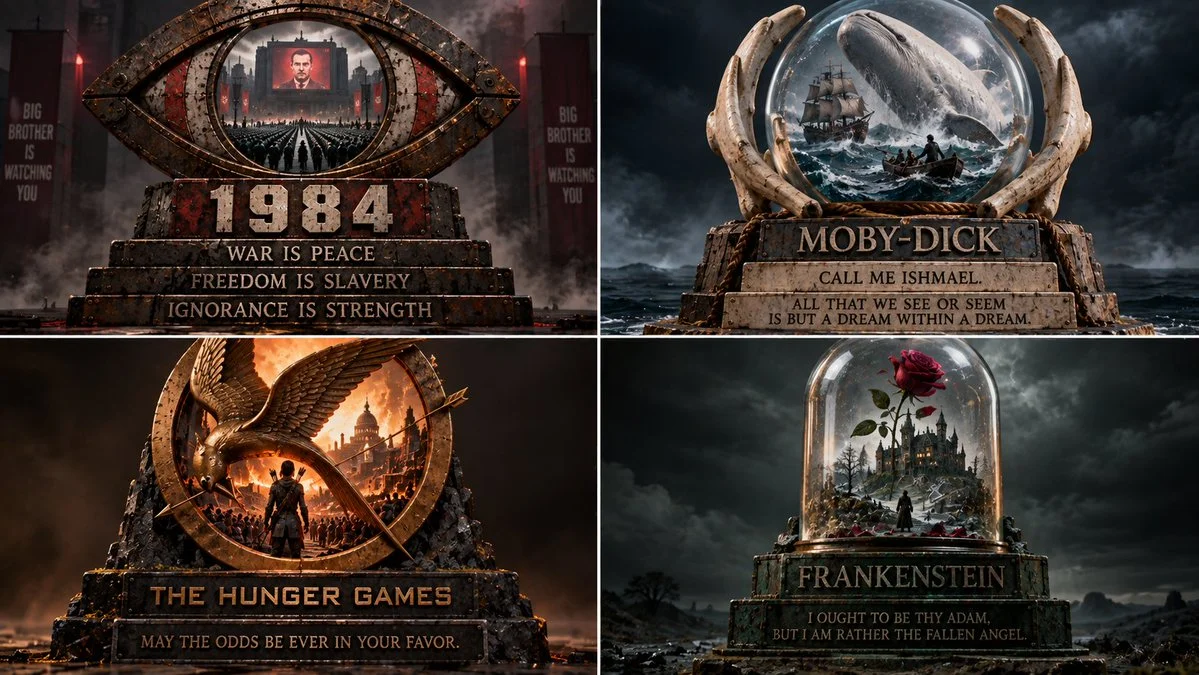 Four dystopian novels unite in a rusted emblem grid