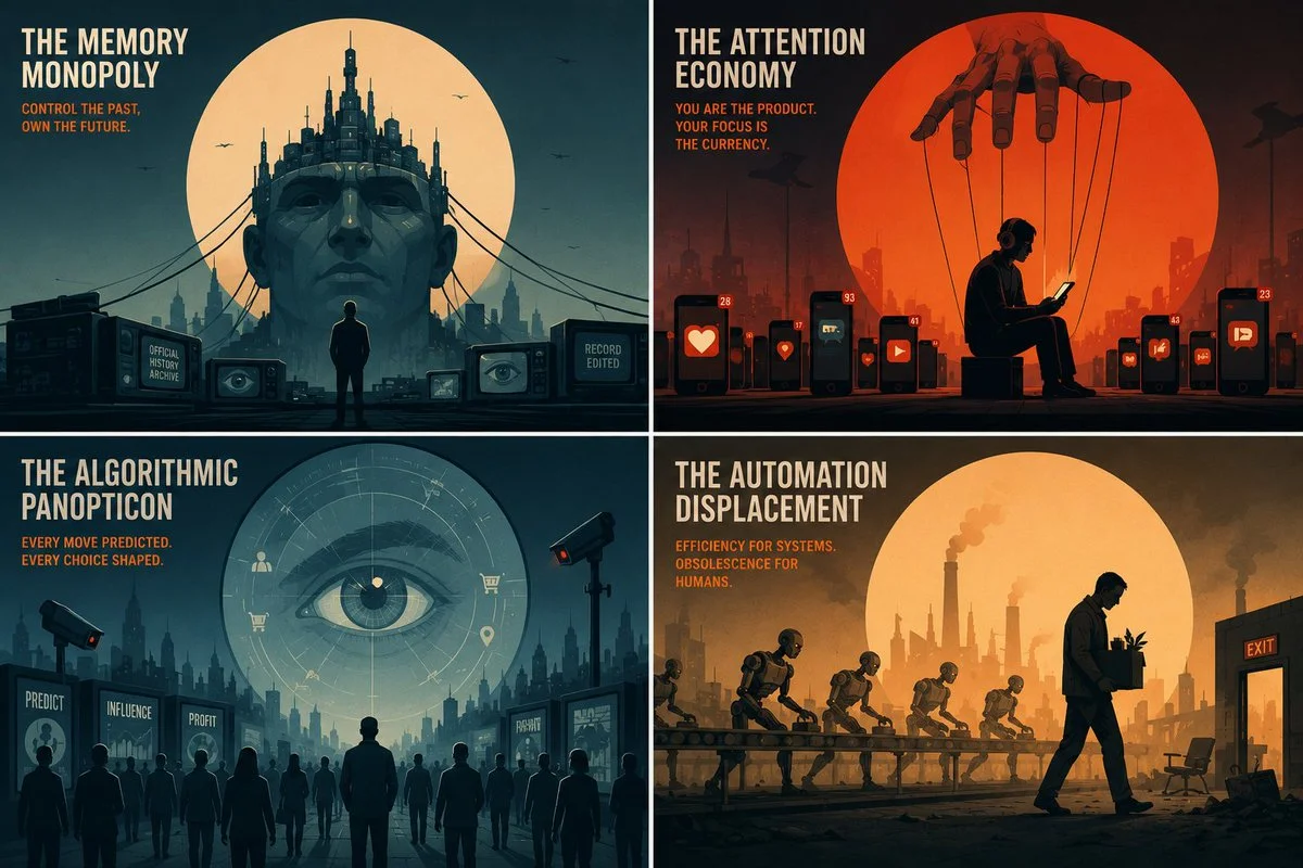 Four dystopian posters arranged in a grid with circular motifs