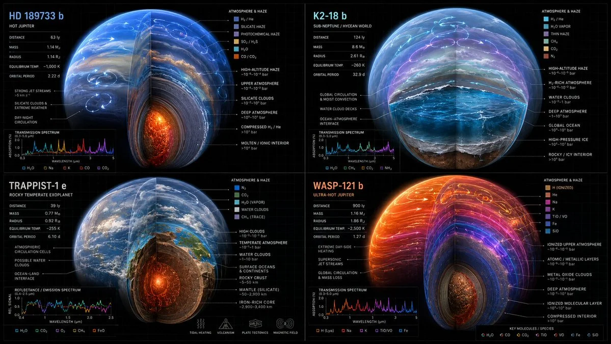 Four exoplanet atmospheres reveal chemical layers in a cutaway diagram