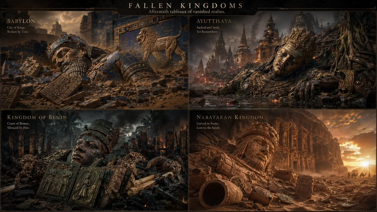 Four fallen kingdoms lie shattered beneath a glowing storm