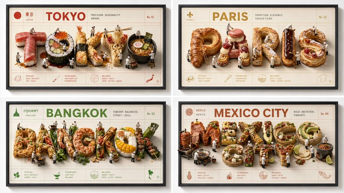 Four famous food cities rendered in a multi-scale poster grid