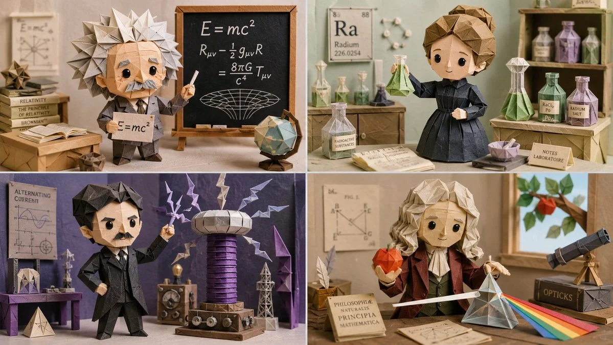 Four famous scientists pose as cute origami figures in labs