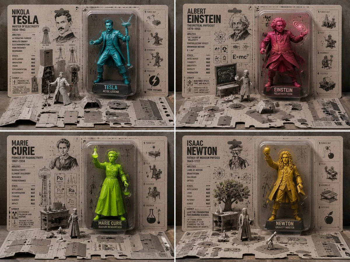 Four famous scientists transform into flat-pack cardboard action figures