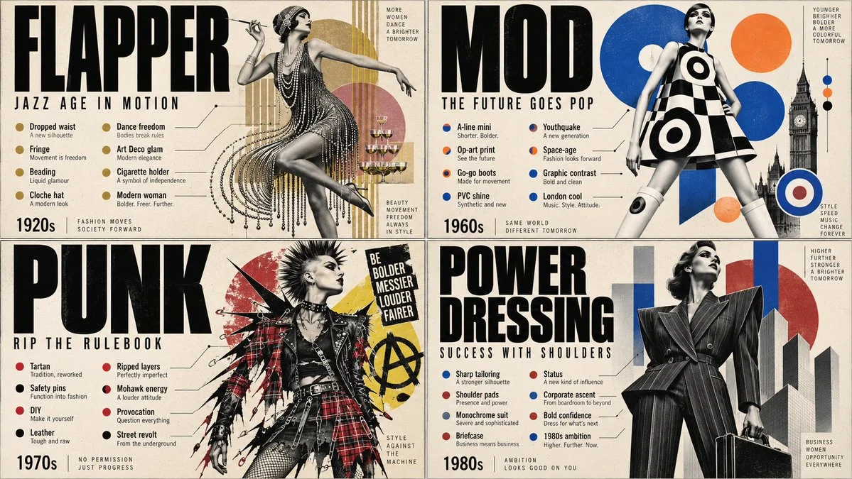 Four Fashion Decades Collide in a Single Editorial Grid