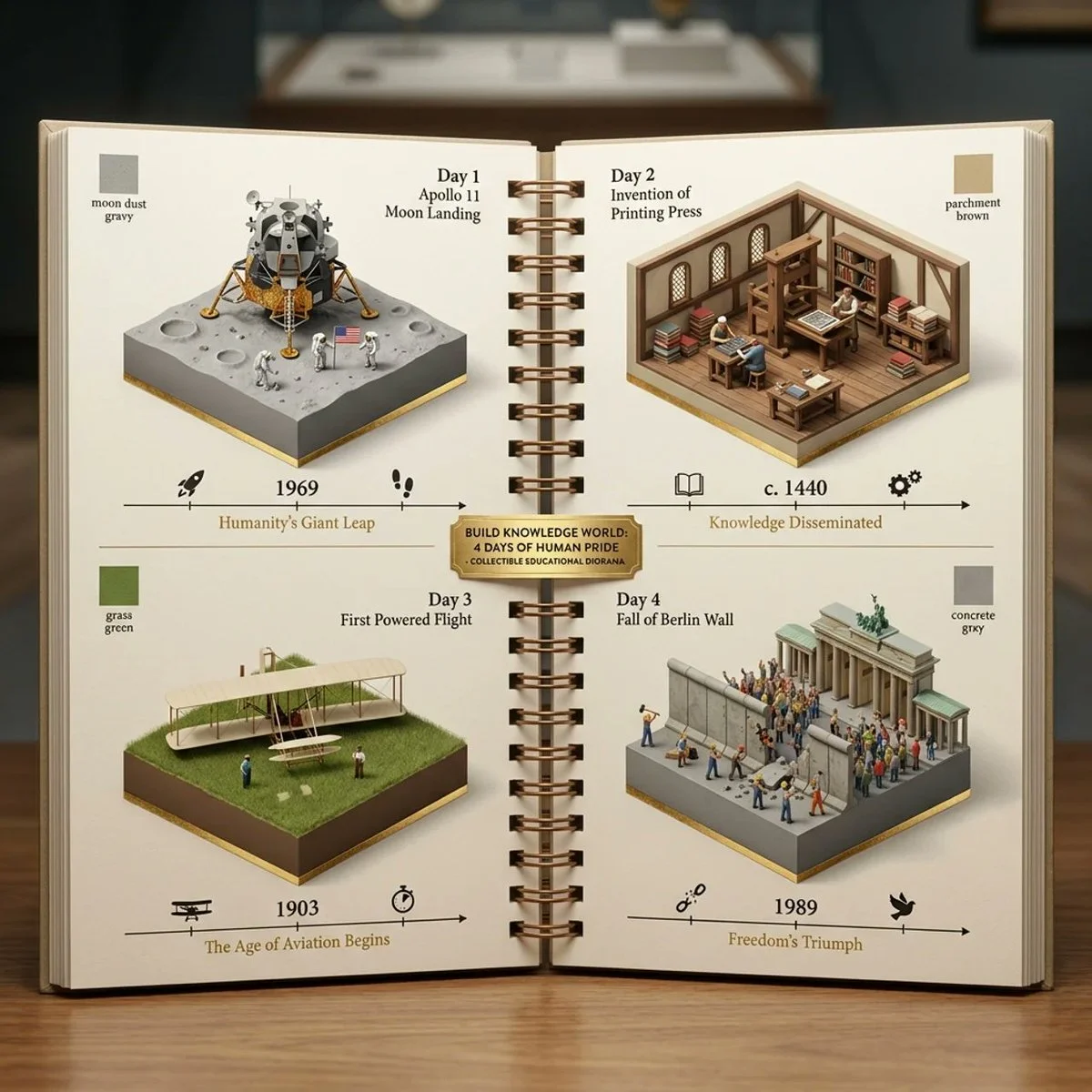 Four historic human achievements displayed in an isometric grid.