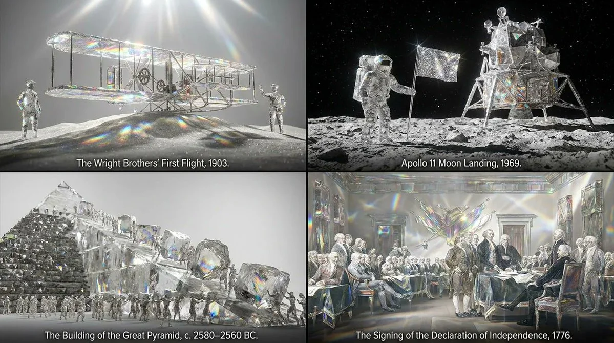 Four historical scenes rendered as raw diamond in a grid