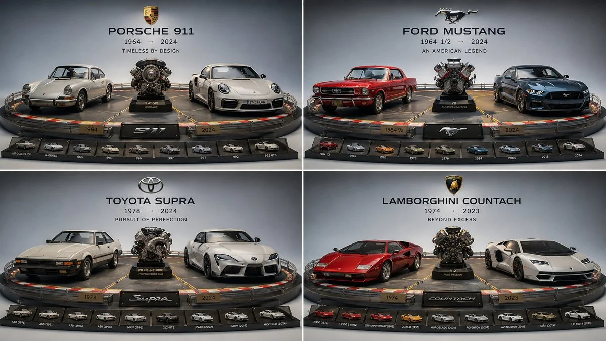 Four iconic cars evolve from vintage to concept in a grid