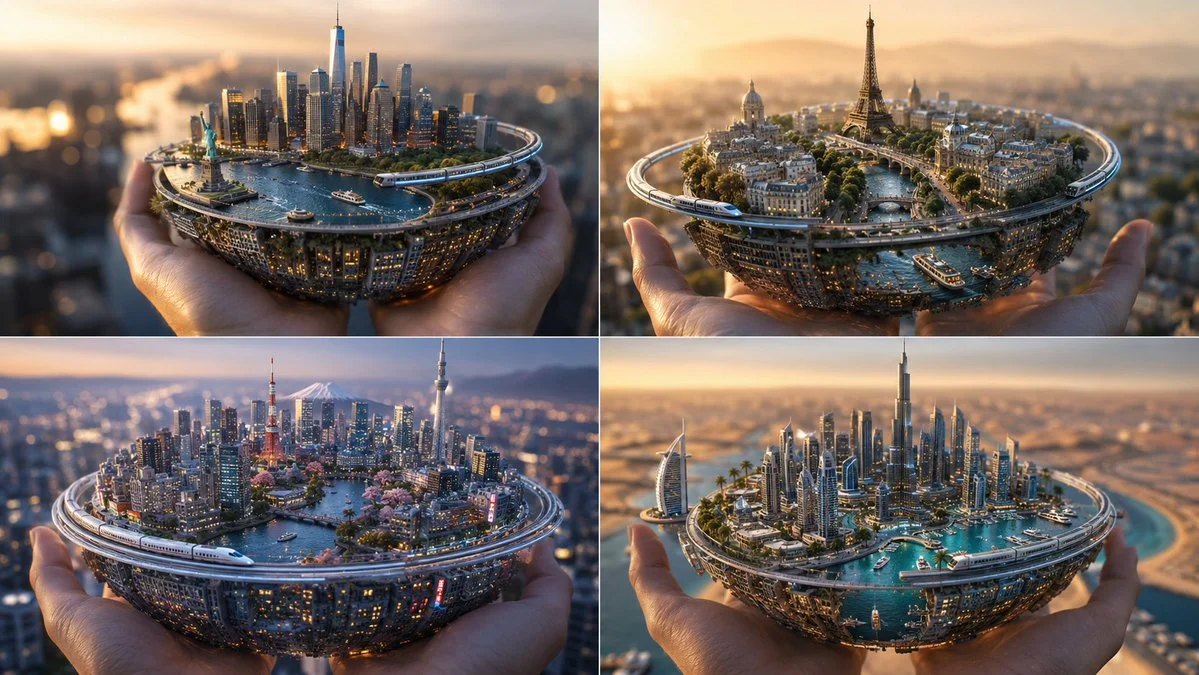 Four iconic city spheres float in a golden hour sky