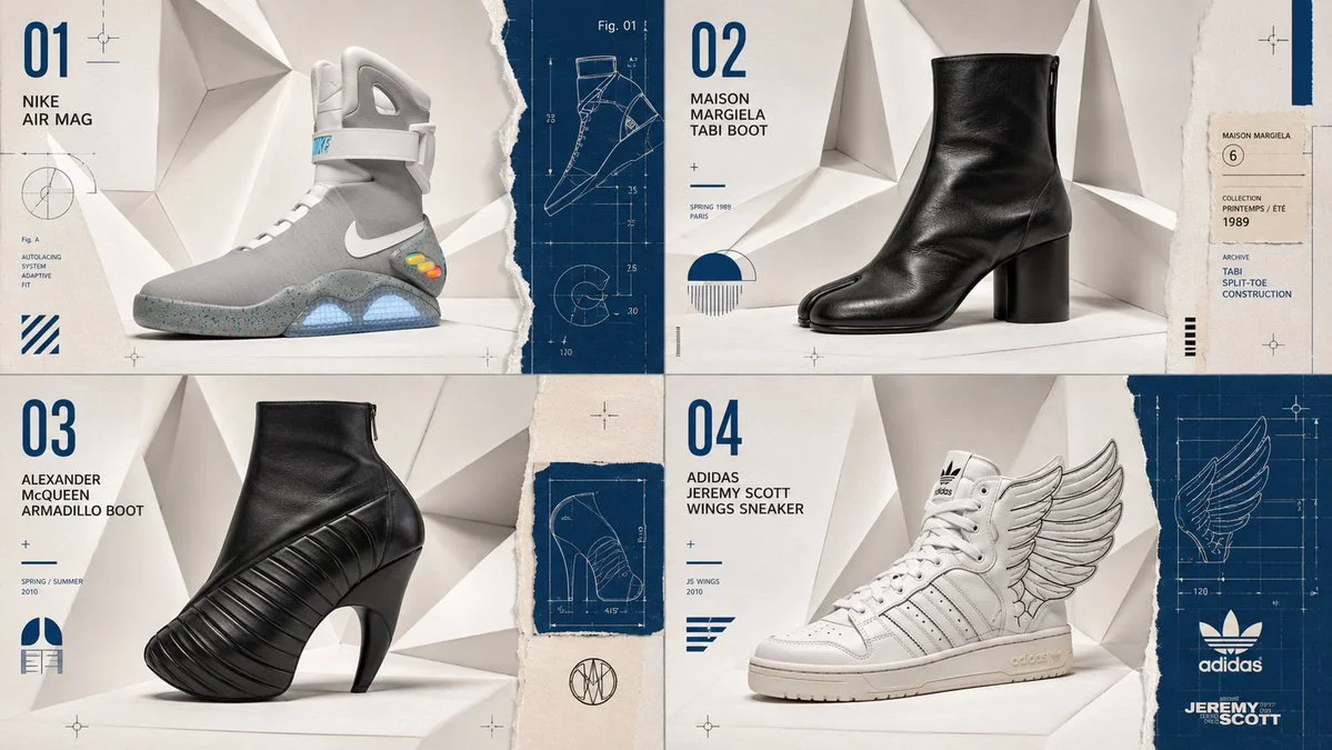 Four iconic shoes float on a folded paper grid