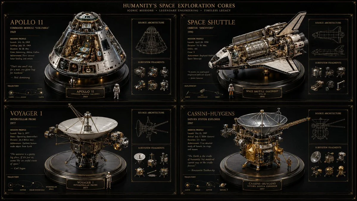 Four iconic space missions displayed in golden blueprint frames