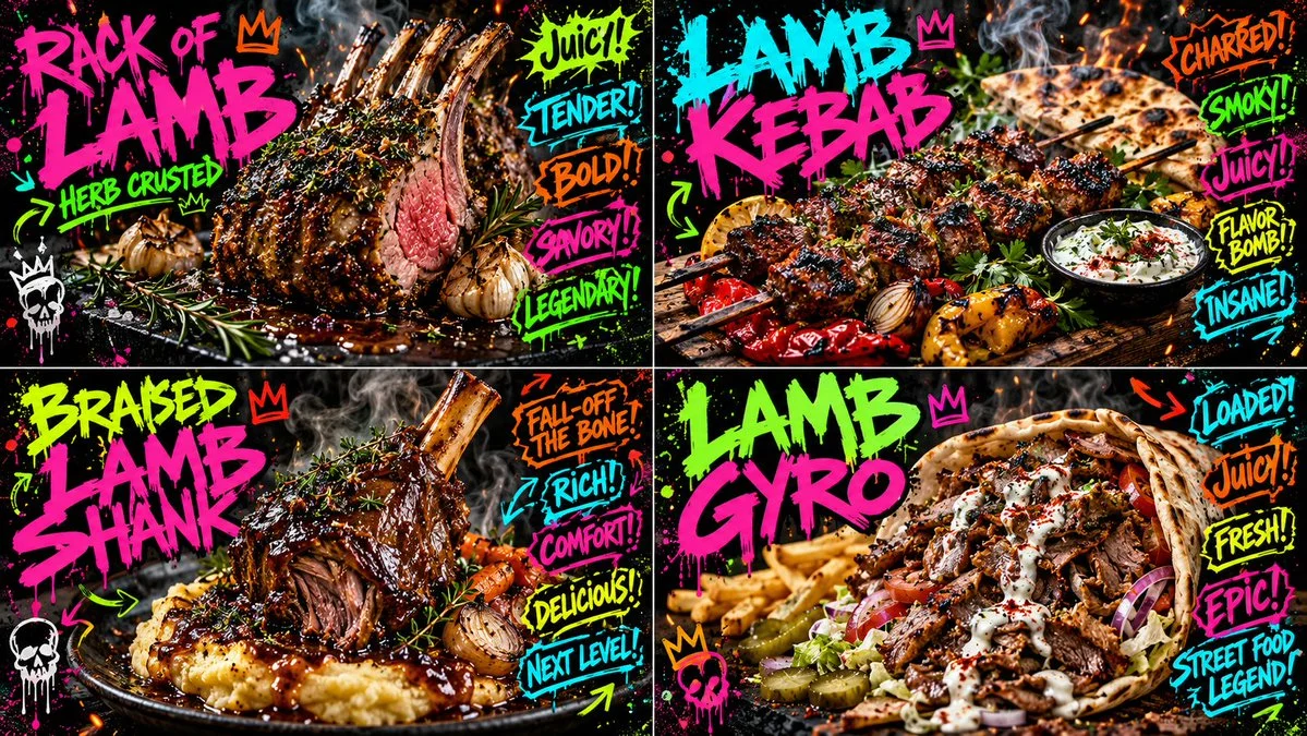 Four Lamb Meals Shine in Neon Punk Grid Spectacle