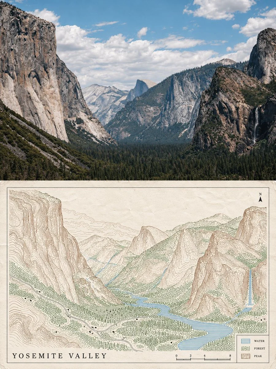Four Landscapes Reimagined as Contour Map Posters with Legend