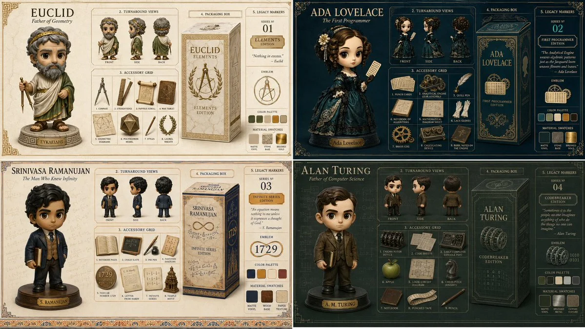 Four legendary mathematicians immortalized as collectible chibi vinyl figures