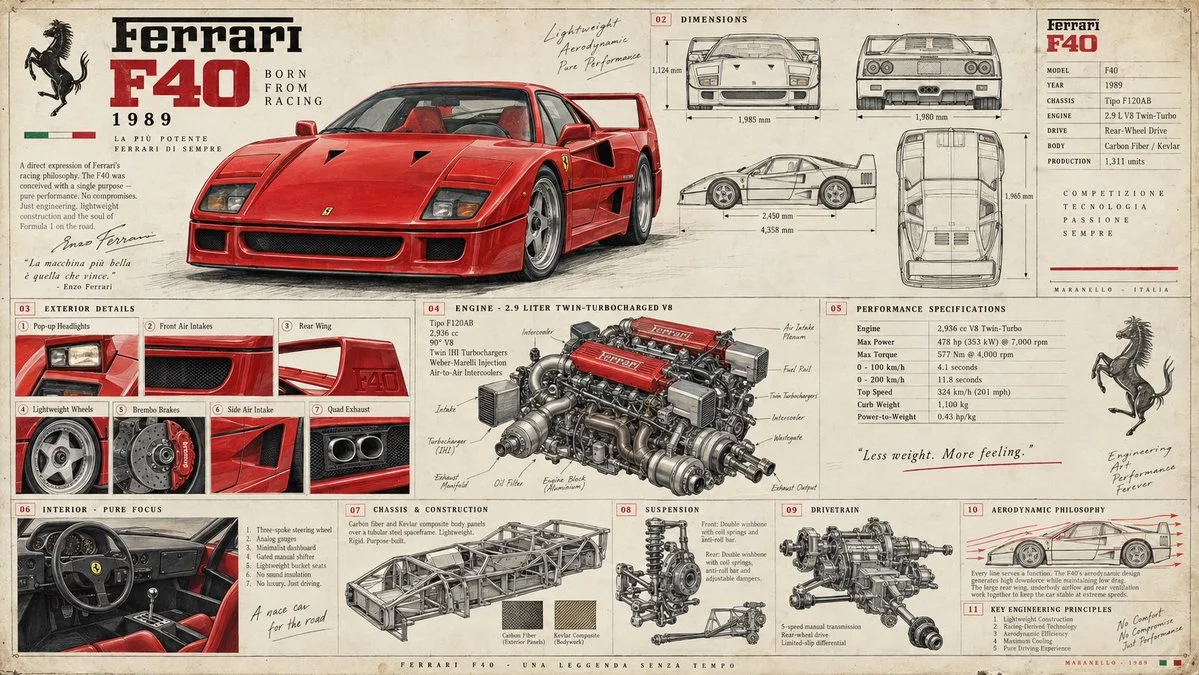 Four Legendary Supercars Shine in Vintage Factory Engineering Poster