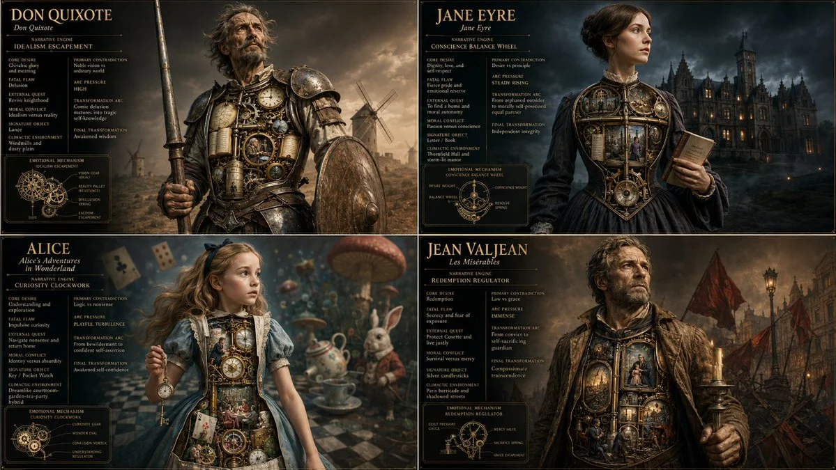 Four literary heroes displayed as luxury mechanical sculptures in grid