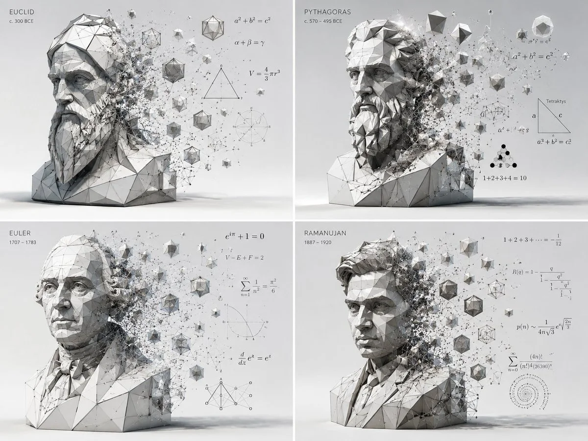 Four mathematicians dissolve into geometric solids in a grid