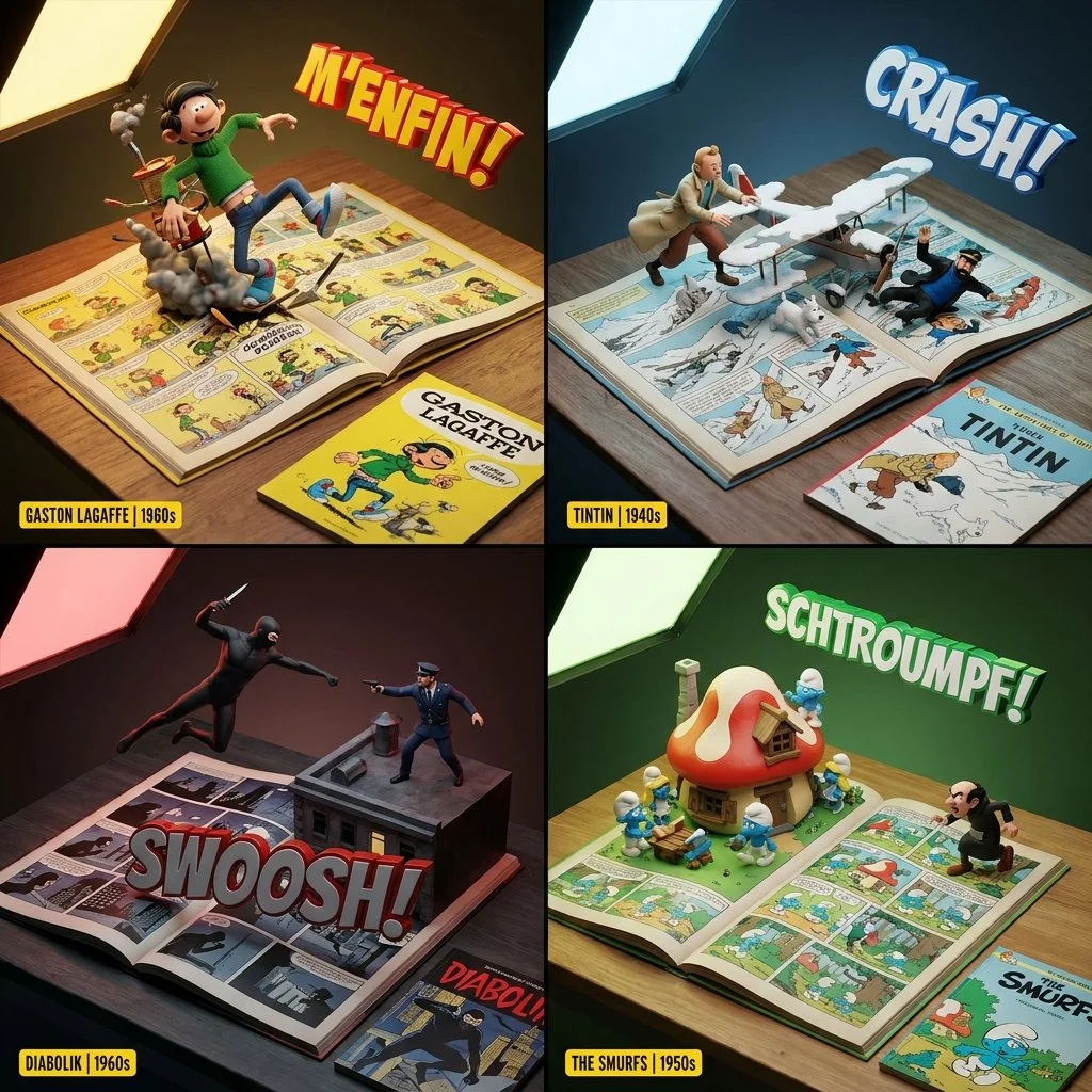 Four Miniature Dioramas Erupt from Vintage European Comic Pages