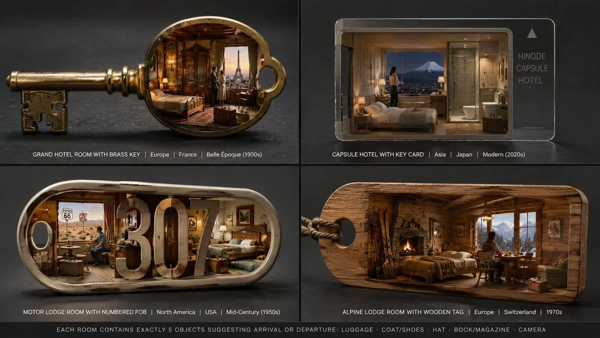 Four miniature hotel rooms carved from brass keys and wooden tags
